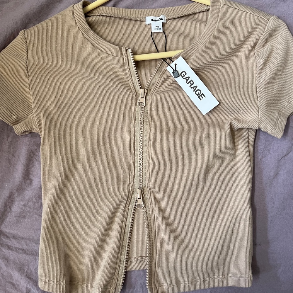 Garage Beige Zip crop top